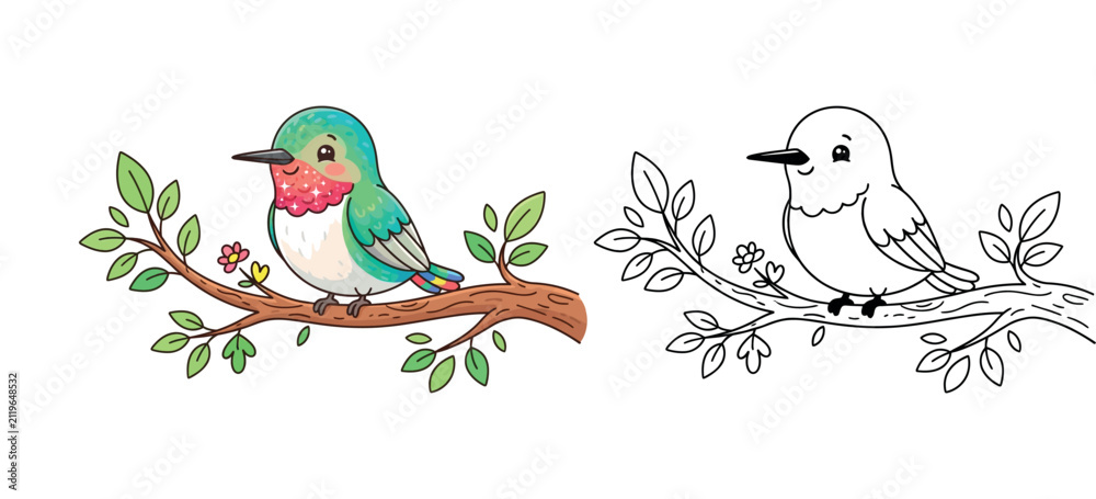 Fototapeta premium Cute Colorful Hummingbird Bird Cartoon Coloring Page