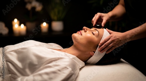 Young woman receiving facial therapy showcasing gentle stone massage, glowing skin and relaxing treatment, representing holistic wellness and spa experience