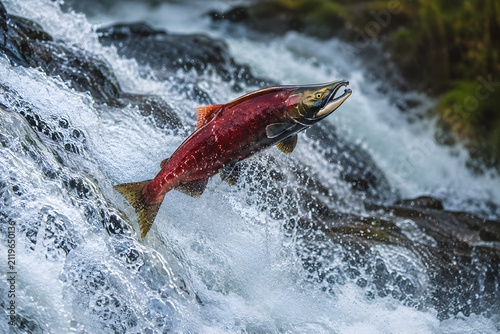 Salmon leaping upstream over rushing waterfall during spawning season, perseverance and determination concept