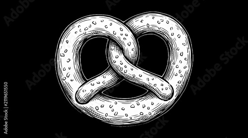 Hand-drawn black and white pretzel line art illustration.