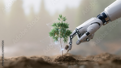 Net zero transition in climate tech with ai supports sustainable urban scenery showing robotic hand planting tree