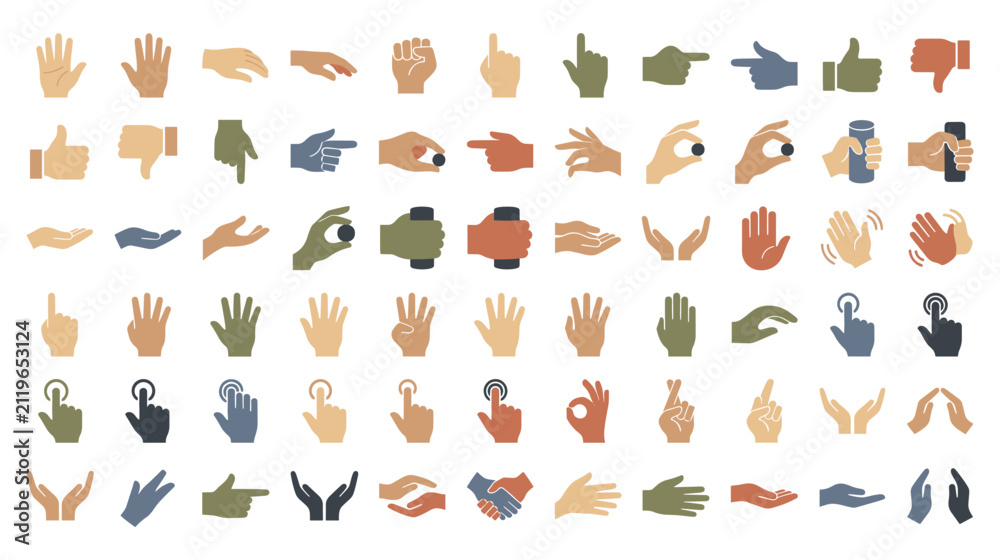 Fototapeta premium Set of human hands in diverse gestures and skin tones.