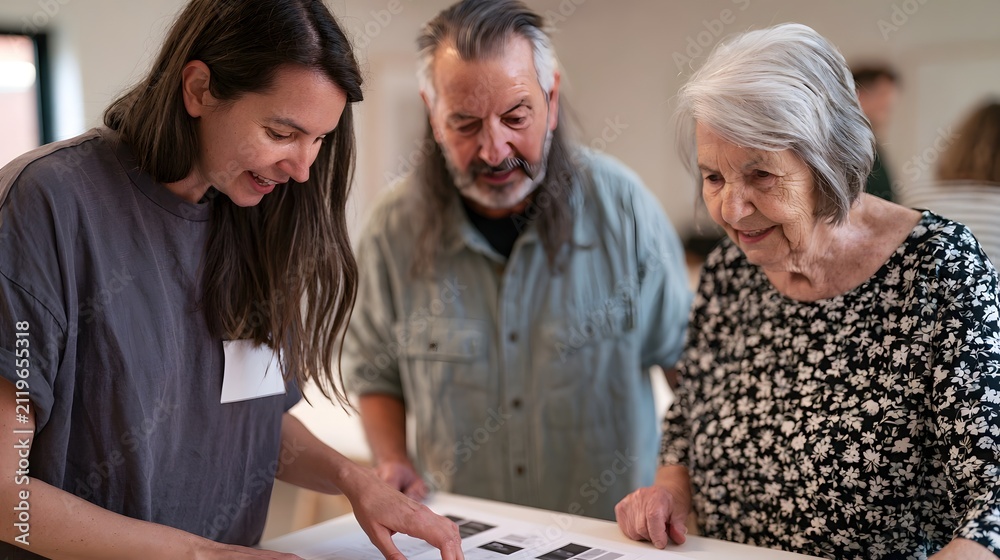 Fototapeta premium Three people examining printed materials together at a table in a well lit indoor space with neutral tones