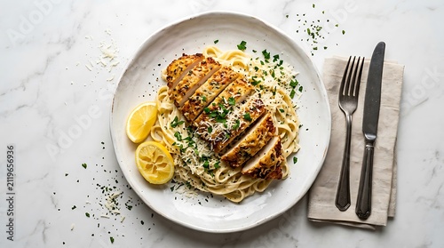 Grilled chicken breast fillet sliced on a plate with fresh herbs and lemon slices. chicken romano illustration
