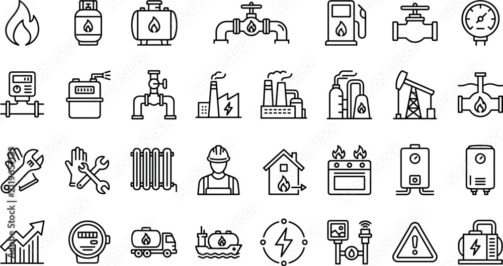 Fototapeta premium Natural Gas Infrastructure and Industrial Energy Supply Line Icon SetNatural Gas Infrastructure and Industrial Energy Supply Line Icon Set