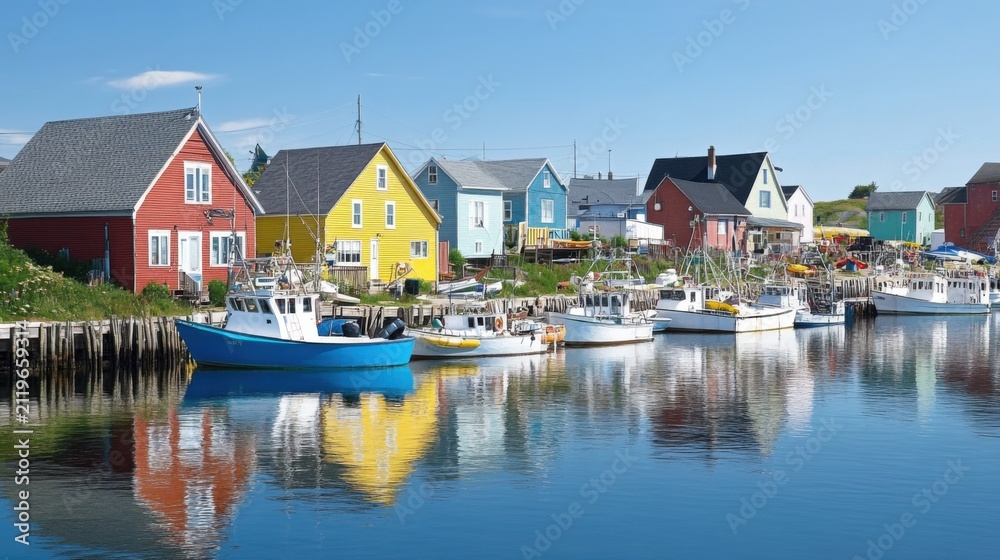 Fototapeta premium Colorful Seaside Town Harbor with Docked Boats