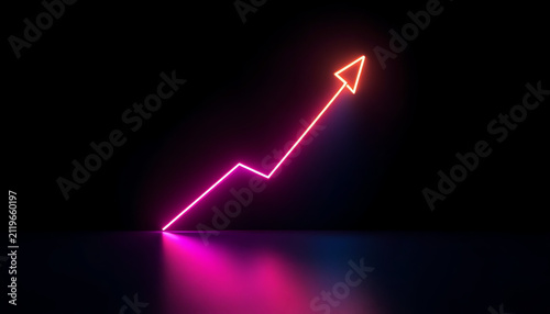 3d render, abstract minimalist geometric background. Three neon arrows, linear rising chart