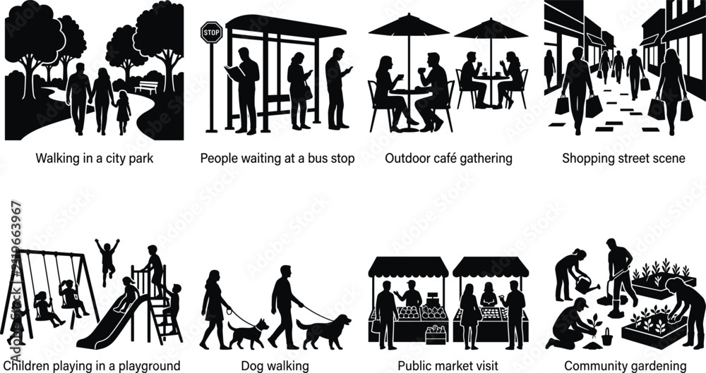 Fototapeta premium Community Lifestyle Silhouette Collection with Urban Public Activities and Outdoor Social Scenes