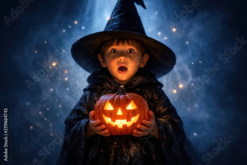 Spooky Halloween witch child holding glowing carved pumpkin, dark blue night portrait, festive trick or treat costume photo