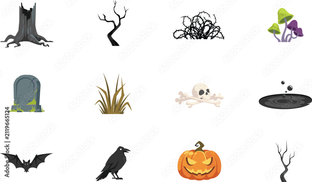 Fototapeta premium Spooky Halloween Forest Landscape Elements Vector Icon Set Featuring Gravestone Jack O Lantern Pumpkin Skull Flying Bat Raven and Poisonous Mushrooms