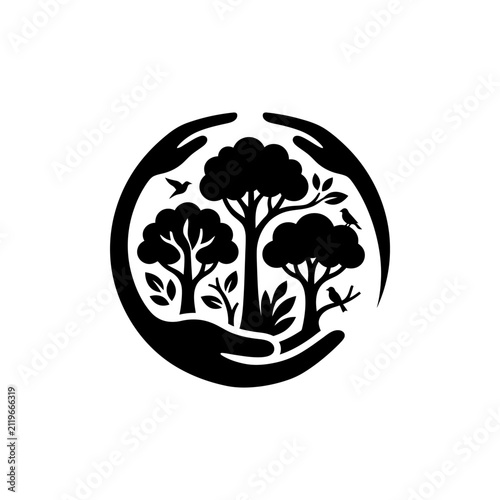 Eco Friendly Hands Protecting Forest Vector Illustration