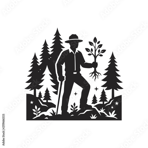 Forest Ranger Planting Tree Vector Illustration Silhouette