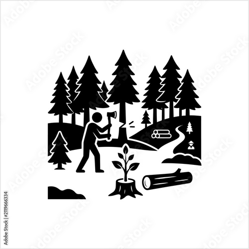 Lumberjack Cutting Tree in Pine Forest Vector Illustration Icon