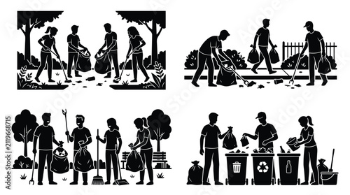 Фотография People Cleaning Park Silhouette Vector Illustration Environmental Responsibility
