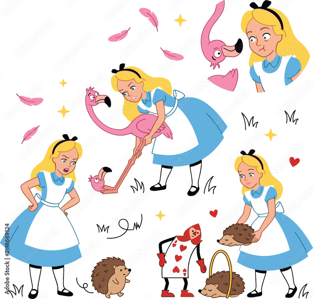 Fototapeta premium Alice in Wonderland Vector Character Set Featuring Croquet Game Scenes with Flamingos Hedgehogs and Playing Card Soldiers for Fairytale Storybook Designs