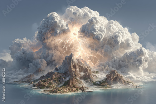 Epic Lightning Storm Erupting Over a Dramatic Mountain Island Beneath a Massive Cumulonimbus Cloud