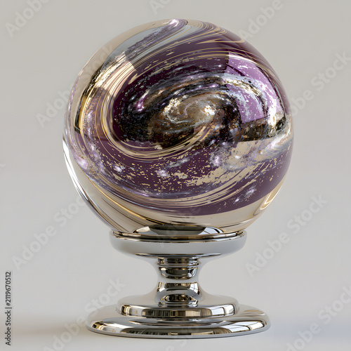 Glass galaxy paperweight on a stand. Decorative orb with swirling purple cosmic patterns.