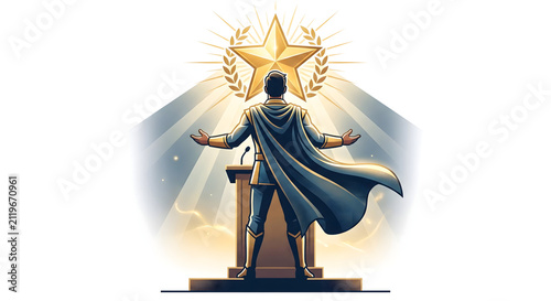 Superhero Business Leader at a Podium with a Glowing Golden Star