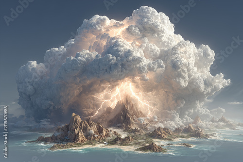 Epic Lightning Storm Erupting Over a Dramatic Mountain Island Beneath a Massive Cumulonimbus Cloud