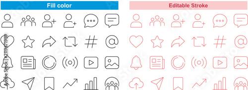 Minimal Social Media Outline Icon Set with Editable Stroke and Fill Color for Modern User Interface Design