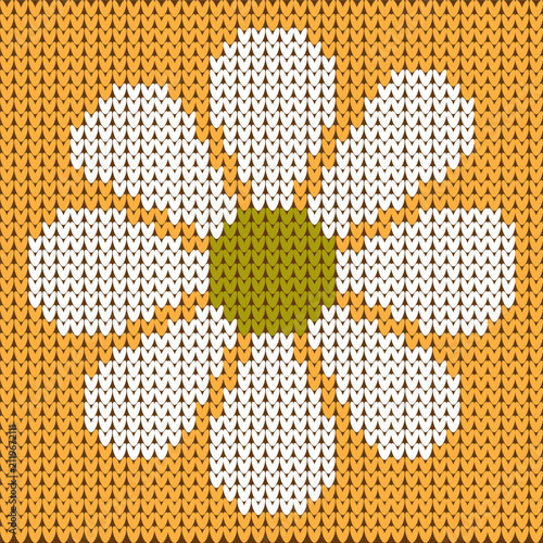 Seamless Knitting Pattern with White Daisy Flower on Mustard Orange Background