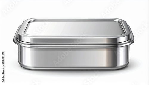 Stainless Steel Lunch Box with Clear Lid on White Background.