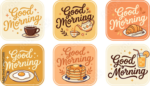 Good morning hand lettering vector card set with vintage breakfast elements like coffee pancakes croissant and orange juice