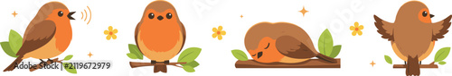 Фотография Cute European Robin Bird Vector Character Set with Cartoon Sparrows Singing Perc