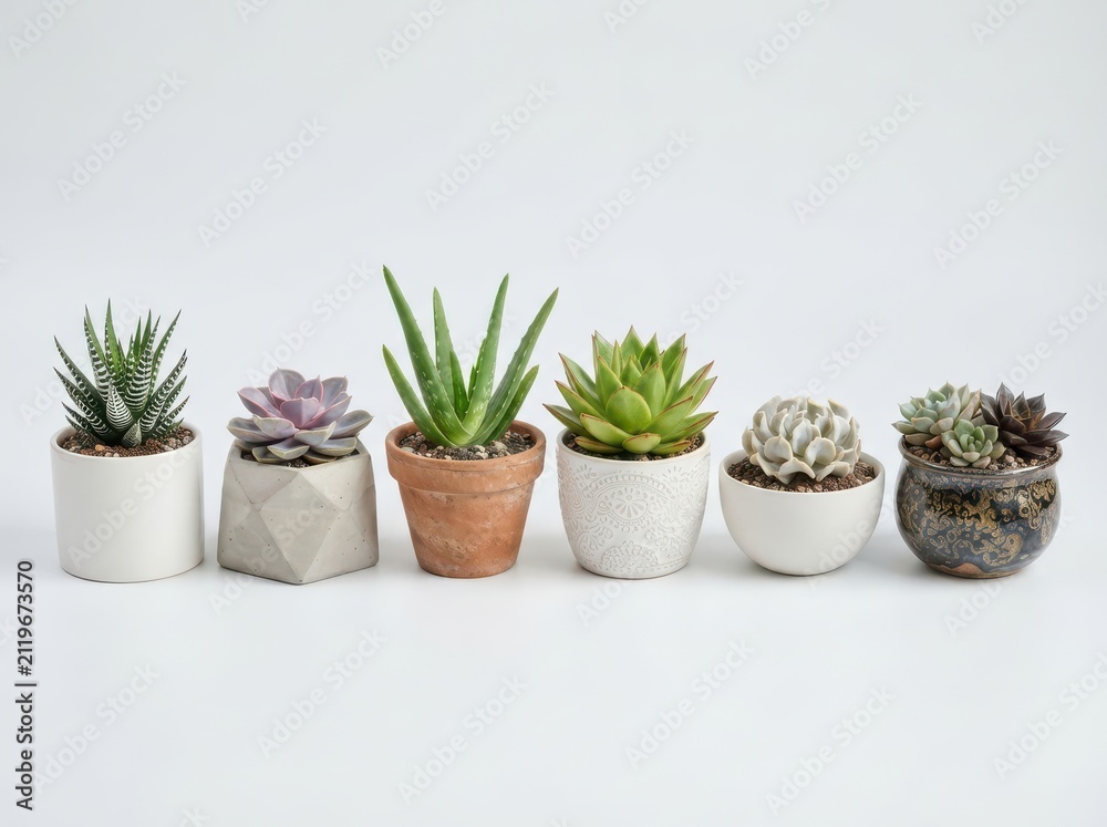 Fototapeta premium Collection of various succulent plants in different pots isolated on white background