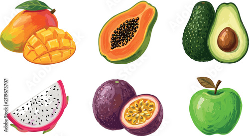Fresh organic tropical fruit gouache painterly vector set featuring texturized illustrations of mango papaya avocado dragon fruit passion fruit and green apple