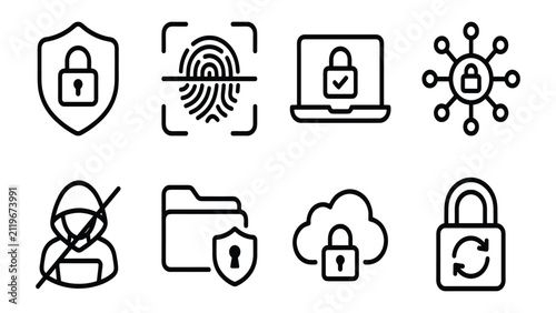 Cyber security line icon pack with shield lock, biometric scanning, network protection, secure cloud computing, and password refresh design