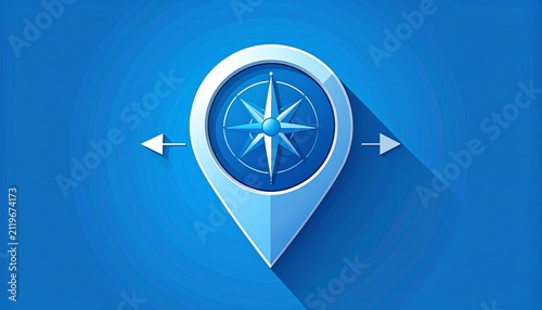 Blue Compass Icon with Shadow on Gradient Background.