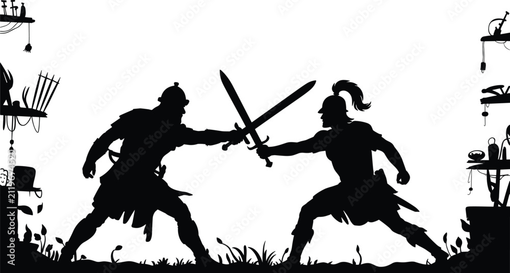 Obraz premium Epic sword fight silhouette of two ancient warriors in dramatic duel, medieval battle scene, combat action, mythology illustration, strength and rivalry concept