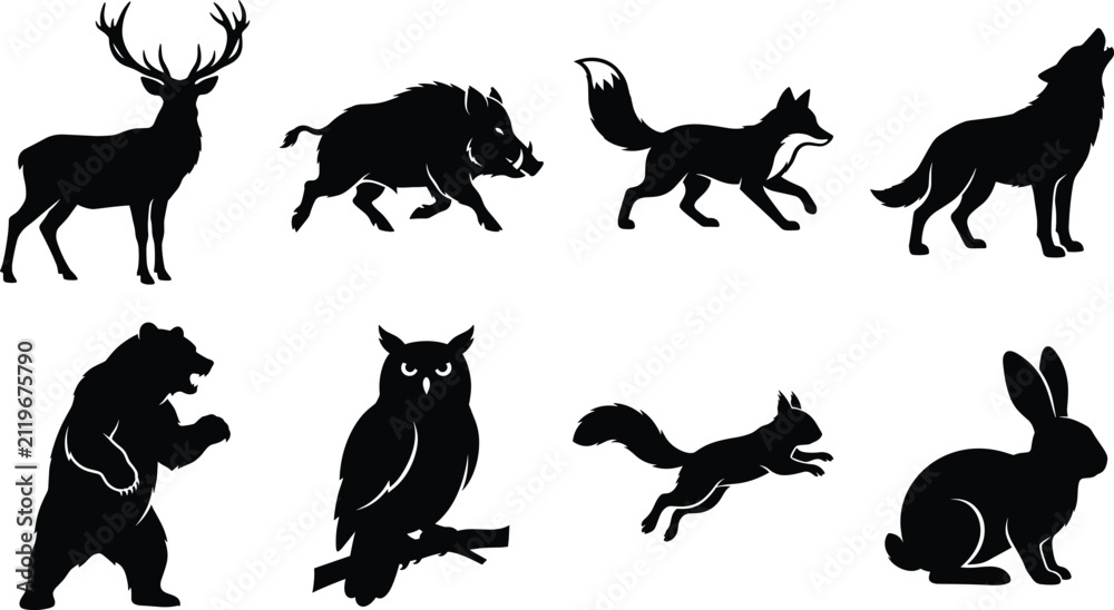 Obraz premium Wild Forest Animal Silhouette Collection Featuring Deer Boar Fox Wolf Bear Owl and Rabbit