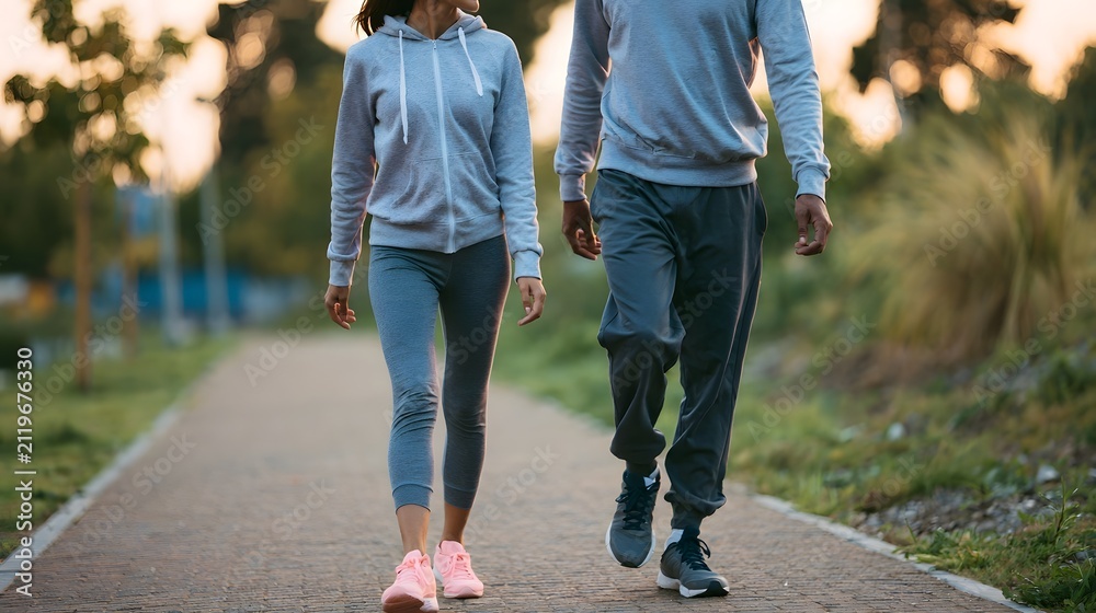 Obraz premium Two people walking together on a paved path through a park during sunset or sunrise with trees and grass around them