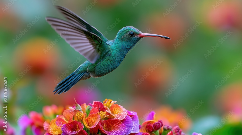 Fototapeta premium In-flight portrait of a Broad-billed Hummingbird above colorful garden blooms