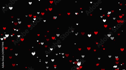 Red, white, and gray heart particles slowly falling on a black background, romantic animation for valentines or overlay projects, abstract motion graphic