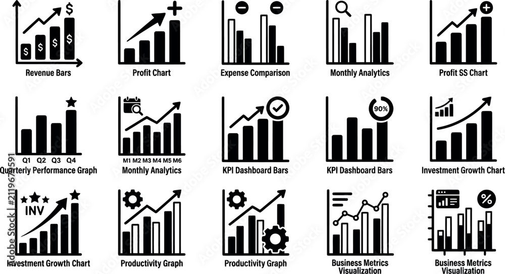 Fototapeta premium Set of black and white business bar chart vector icons