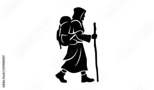Bild auf Leinwand Black Silhouette Pilgrim Walking with Staff and Backpack Vector Illustration