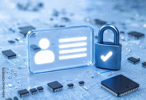 Digital identity card with biometric authentication, glowing blue circuits, and secure padlock icon illustrating cybersecurity, privacy protection, encrypted access, modern digital verification.