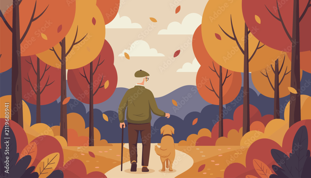 Fototapeta premium Senior man with a cane walking his golden dog along a forest path covered in falling autumn leaves under a warm seasonal sky.
