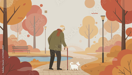 Elderly man with a cane walking his small white dog through a peaceful park during the colorful autumn season with orange trees.