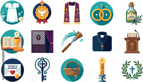 Bild auf Leinwand Catholic Church Seven Sacraments and Liturgical Rituals Vector Flat Icon Set
