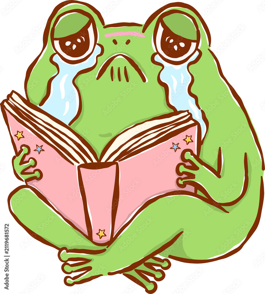 Fototapeta premium Frog Reading Book Crying, Chaos Bookish Animal Cartoon Hand Drawn