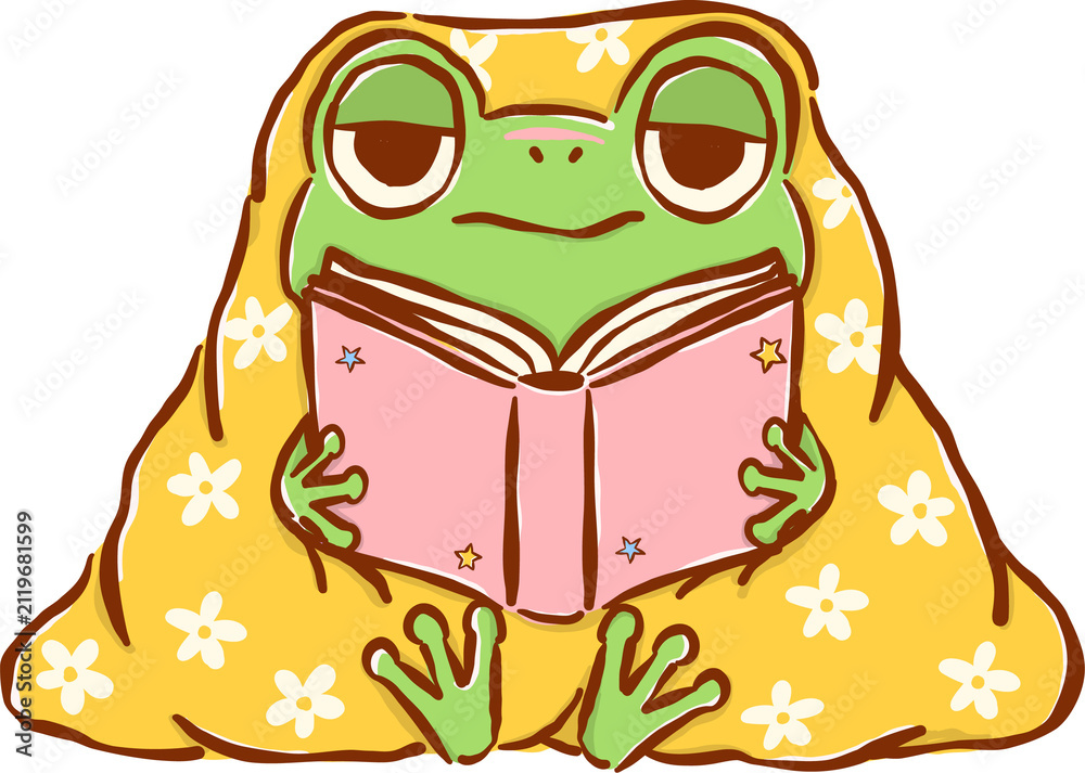 Fototapeta premium Frog Reading Book under Cozy Blanket, Chaos Bookish Animal Cartoon Hand Drawn