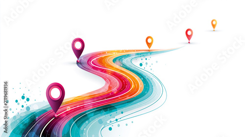 A colorful, winding path with location markers illustrating a journey or progress through a dynamic, abstract landscape.