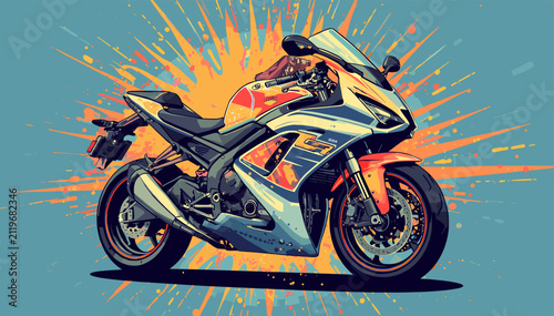 Foto A vibrant, pop-art style illustration of a modern sport motorcycle with an explosive background