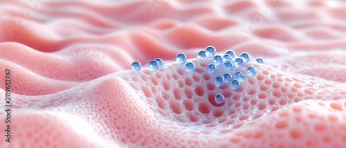 Ultra macro of healthy human skin tissue with visible collagen matrix and cellular structure, transparent blue hyaluronic acid molecules penetrating deep into the epidermis, skin hydration concept