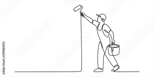 Continuous line drawing of a professional painter holding a paint roller and a bucket painting a wall for home renovation and interior design projects