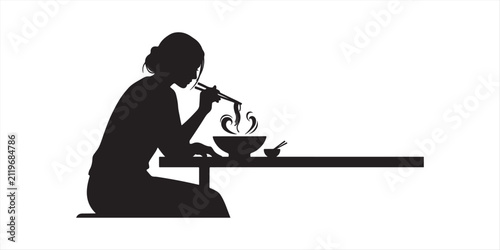 Foto Young woman enjoying a bowl of noodles with chopsticks in black silhouette, representing Asian cuisine, home dining, healthy eating, food culture, and everyday lifestyle